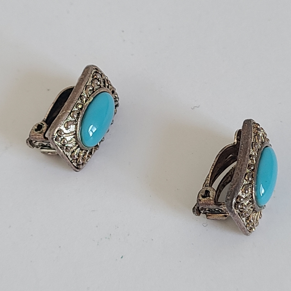 Vintage Boho Greco Roman Turquoise Silver Filigree Square Stud Clip-On Earrings - Picture 5 of 8
